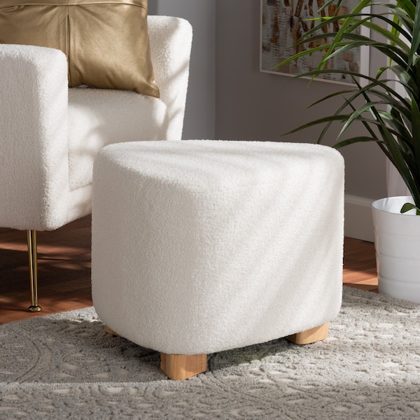 Baxton Studio Brielle Modern and Contemporary Ivory Boucle Upholstered and Natural Brown Finished Wood Ottoman - 220-12866-ZORO