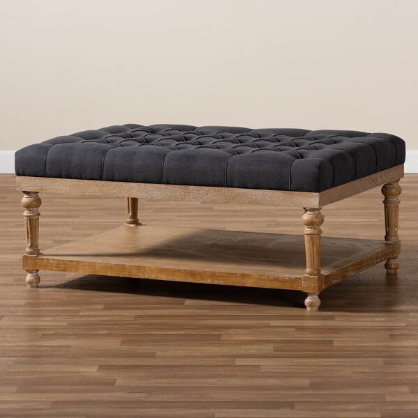 Baxton Studio Lindsey Charcoal Upholstered and Greywashed Wood Cocktail Ottoman - 164-10652
