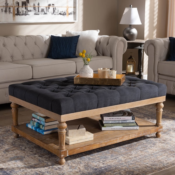 Baxton Studio Lindsey Charcoal Upholstered and Greywashed Wood Cocktail Ottoman - 164-10652