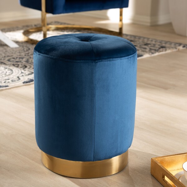 Baxton Studio Alonza Glam Royal Blue Velvet Upholstered Gold-Finished Ottoman - 152-9261
