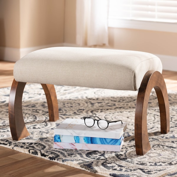 Baxton Studio Sandrine Beige Upholstered Walnut Brown Finished Wood Ottoman - 148-8224