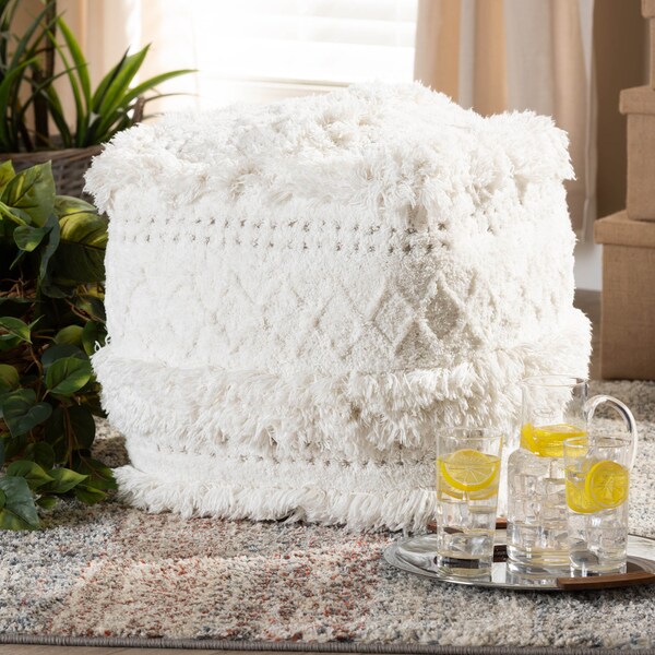 Baxton Studio Curlew Ivory Handwoven Cotton Pouf Ottoman - 158-9709