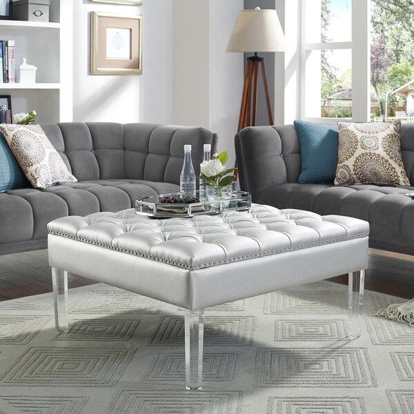 Posh Living Luke PU Leather Oversized Tufted, Silver Nailhead Trim, Legs Ottoman Coffee Table-Silver - PO380902