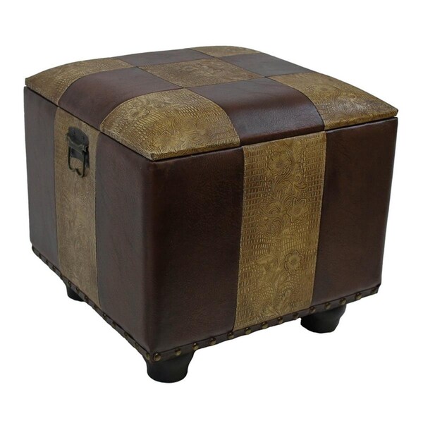 International Caravan Faux Leather Square Ottoman with Lid, Mixed Patch Work - YWLF-2188-MX