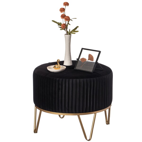 Fabulaxe Round Velvet Ottoman Stool Raised with Hairpin Gold Base, Black, Medium - QI004324.BK.M
