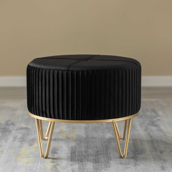Fabulaxe Round Velvet Ottoman Stool Raised with Hairpin Gold Base, Black, Medium - QI004324.BK.M
