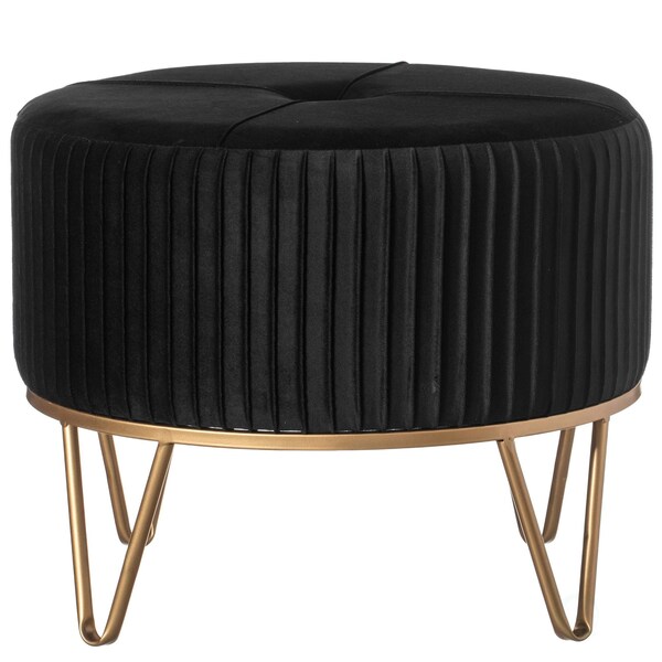 Fabulaxe Round Velvet Ottoman Stool Raised with Hairpin Gold Base, Black, Medium - QI004324.BK.M