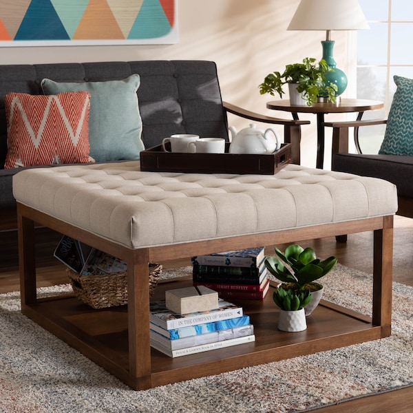 Baxton Studio Alvere Beige Upholstered Walnut Finished Cocktail Ottoman - 159-9619