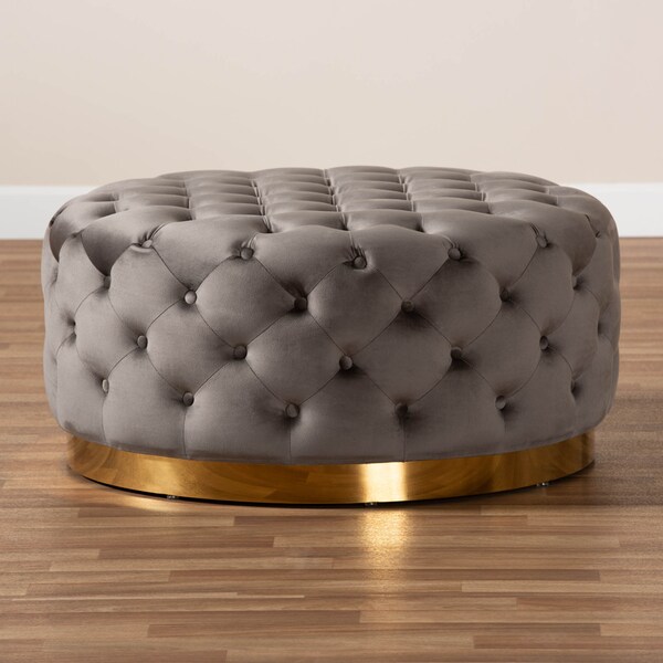 Baxton Studio Sasha Grey Velvet Upholstered Gold Finished Round Cocktail Ottoman - 163-10569