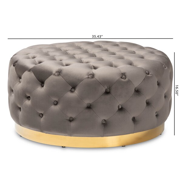 Baxton Studio Sasha Grey Velvet Upholstered Gold Finished Round Cocktail Ottoman - 163-10569