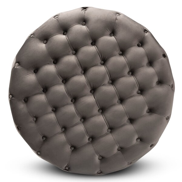 Baxton Studio Sasha Grey Velvet Upholstered Gold Finished Round Cocktail Ottoman - 163-10569