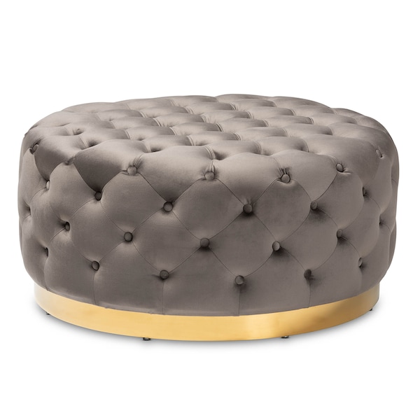 Baxton Studio Sasha Grey Velvet Upholstered Gold Finished Round Cocktail Ottoman - 163-10569