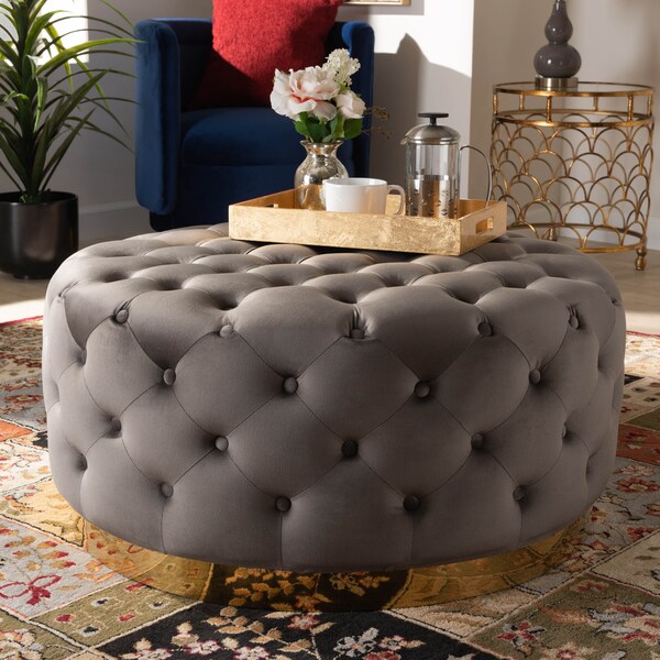 Baxton Studio Sasha Grey Velvet Upholstered Gold Finished Round Cocktail Ottoman - 163-10569