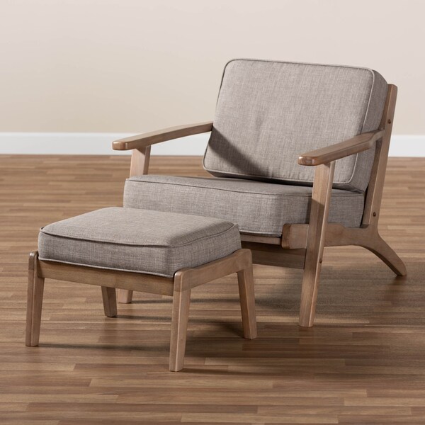Baxton Studio Sigrid Grey Upholstered Oak Wood 2-Piece Armchair and Ottoman Set - 162-10566-10404