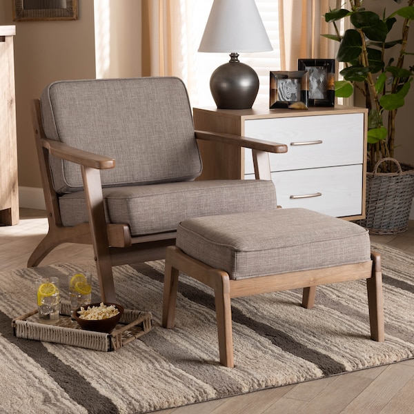 Baxton Studio Sigrid Grey Upholstered Oak Wood 2-Piece Armchair and Ottoman Set - 162-10566-10404