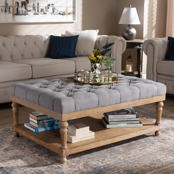 Baxton Studio Lindsey Grey Upholstered and Greywashed Wood Cocktail Ottoman - 164-10653