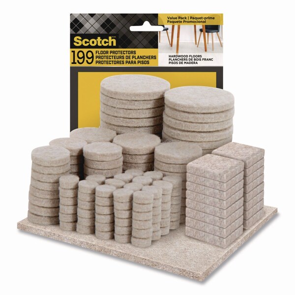 Scotch Felt Pad Protectors, Assorted Sizes and Shapes, Beige, 199PK - FP845-199NA