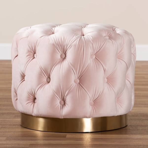 Baxton Studio Valeria Pink Velvet Upholstered Gold-Finished Button Tufted Ottoman - 152-9378