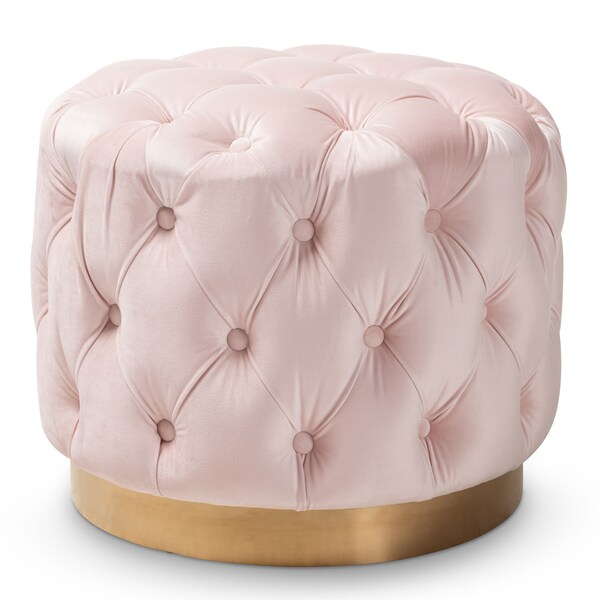 Baxton Studio Valeria Pink Velvet Upholstered Gold-Finished Button Tufted Ottoman - 152-9378