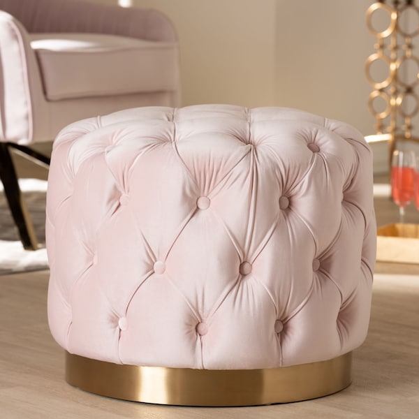 Baxton Studio Valeria Pink Velvet Upholstered Gold-Finished Button Tufted Ottoman - 152-9378