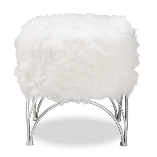 Baxton Studio Celia White Faux Fur Upholstered Silver Metal Ottoman - 161-10270