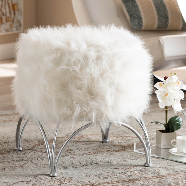 Baxton Studio Celia White Faux Fur Upholstered Silver Metal Ottoman - 161-10270