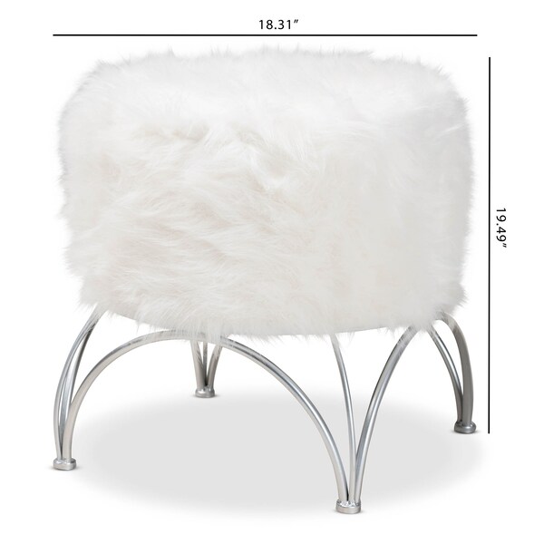Baxton Studio Celia White Faux Fur Upholstered Silver Metal Ottoman - 161-10270