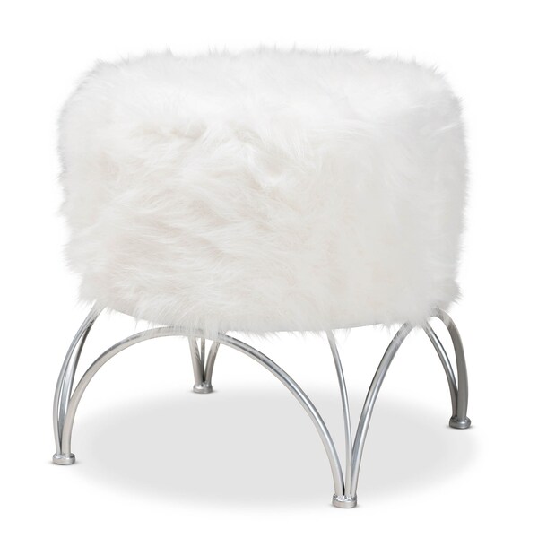 Baxton Studio Celia White Faux Fur Upholstered Silver Metal Ottoman - 161-10270