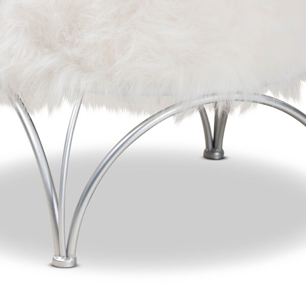 Baxton Studio Celia White Faux Fur Upholstered Silver Metal Ottoman - 161-10270