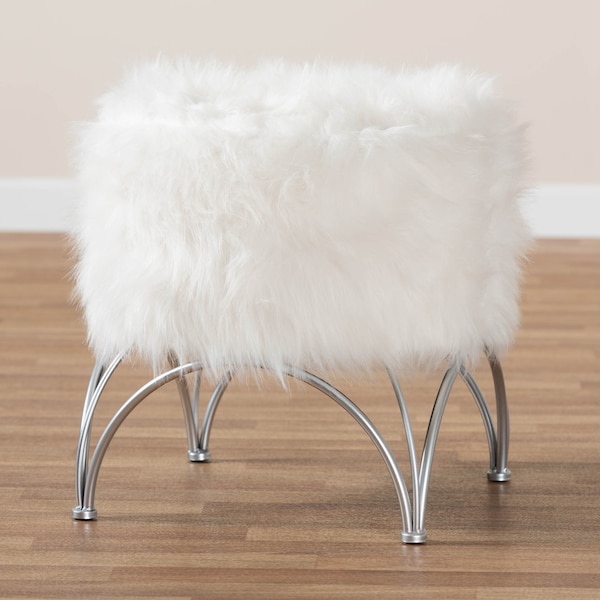 Baxton Studio Celia White Faux Fur Upholstered Silver Metal Ottoman - 161-10270