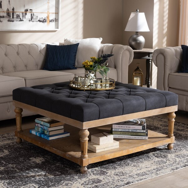 Baxton Studio Kelly Charcoal Linen Upholstered and Greywashed Wood Cocktail Ottoman - 164-10651