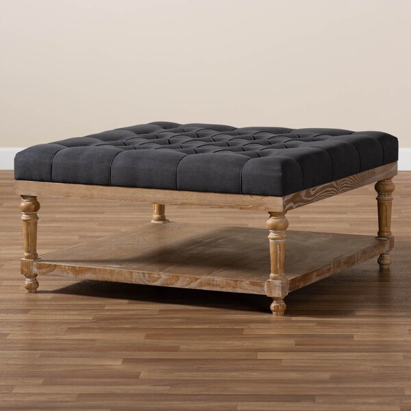 Baxton Studio Kelly Charcoal Linen Upholstered and Greywashed Wood Cocktail Ottoman - 164-10651