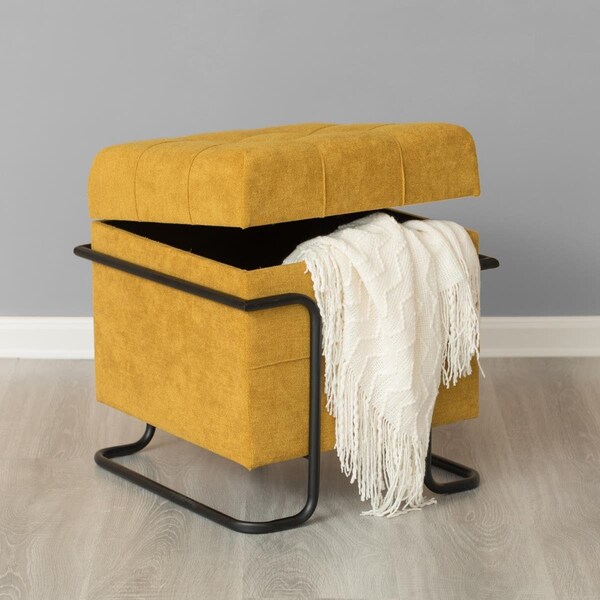 Kd Americana 19 x 17.5 x 17.5 in. Square Fabric Storage Ottoman with Black Metal Frame Yellow - KD3713049