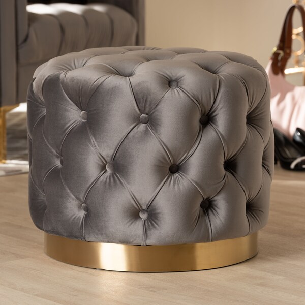 Baxton Studio Valeria Gray Velvet Upholstered Gold-Finished Button Tufted Ottoman - 152-9380