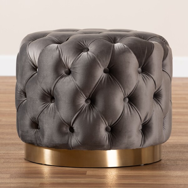 Baxton Studio Valeria Gray Velvet Upholstered Gold-Finished Button Tufted Ottoman - 152-9380