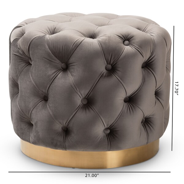 Baxton Studio Valeria Gray Velvet Upholstered Gold-Finished Button Tufted Ottoman - 152-9380