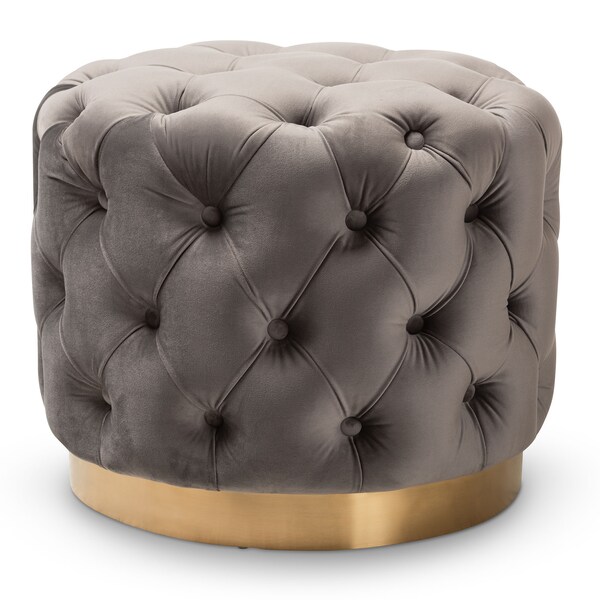 Baxton Studio Valeria Gray Velvet Upholstered Gold-Finished Button Tufted Ottoman - 152-9380