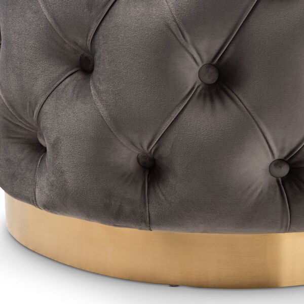 Baxton Studio Valeria Gray Velvet Upholstered Gold-Finished Button Tufted Ottoman - 152-9380