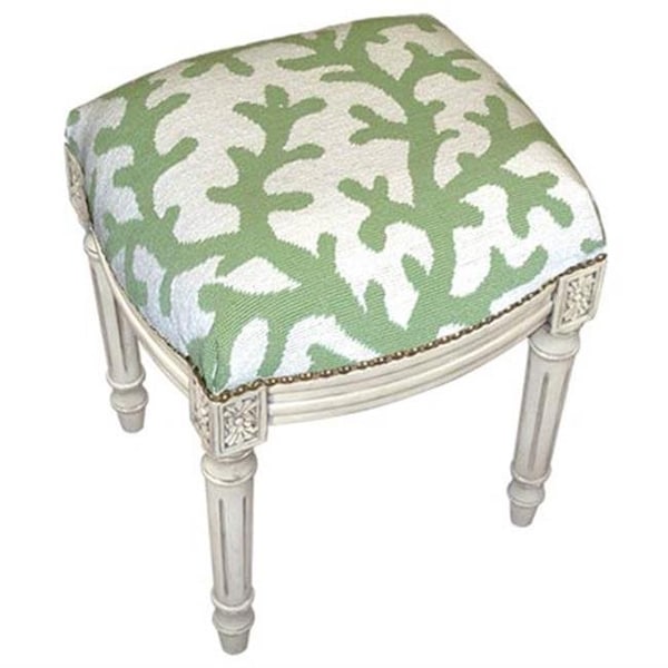 123 Creations 123 Creations C763WFS Coral in Green Needlepoint Stool in White Wash - 100 Percent Wool - C763WFS