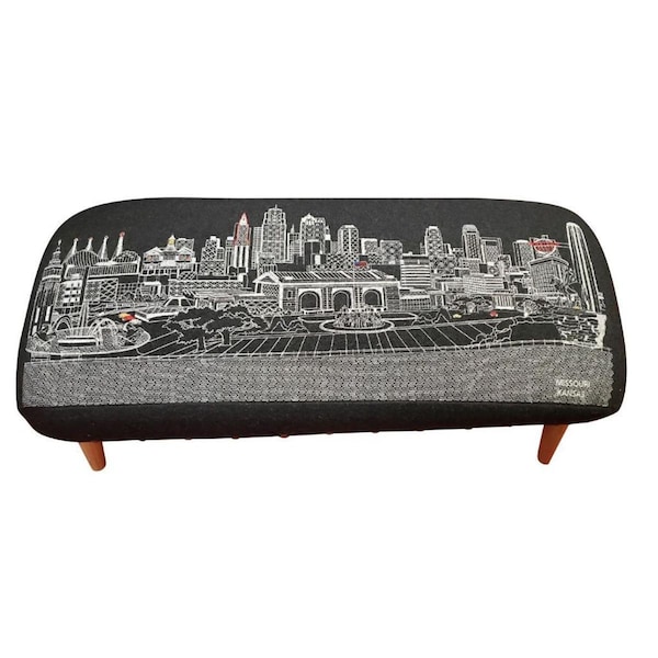 Homeroots 38 in. Kansas City Nighttime Skyline Embroidered Ottoman, Black - 480544
