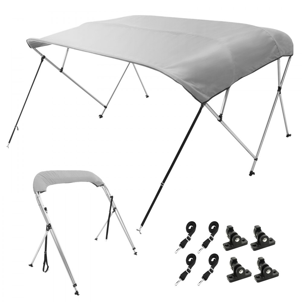 VEVOR 4 Bow Bimini Top Boat Cover, 900D Polyester Canopy with 1" Aluminum Alloy Frame, Waterproof and Sun Shade, Includes Storage Boot, 4 Straps, 2 Support Poles, 8'L x 54"H x 91"-96"W, Light Grey - 4GCYZYP8L9199GDYKV0