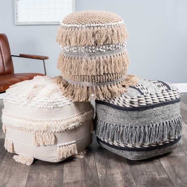Homeroots 21 x 18 x 18 in. Beige Boho Bullet Tassel Pouf Ottoman - 388973