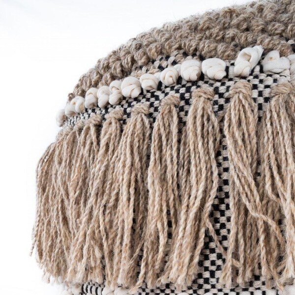 Homeroots 21 x 18 x 18 in. Beige Boho Bullet Tassel Pouf Ottoman - 388973