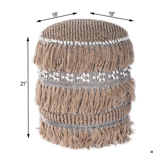 Homeroots 21 x 18 x 18 in. Beige Boho Bullet Tassel Pouf Ottoman - 388973