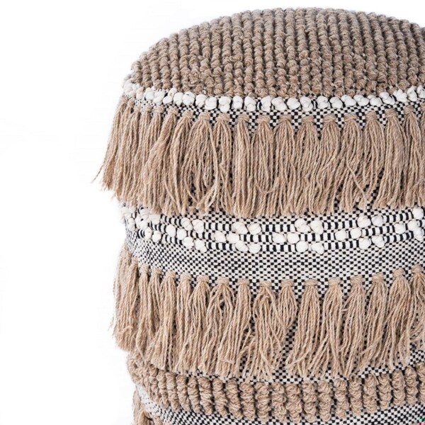 Homeroots 21 x 18 x 18 in. Beige Boho Bullet Tassel Pouf Ottoman - 388973