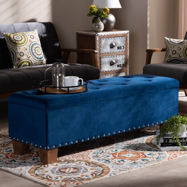 Baxton Studio Hannah Navy Blue Velvet Upholstered Tufted Storage Ottoman Bench - 160-9932