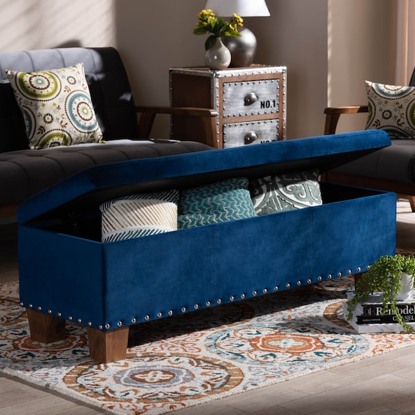Baxton Studio Hannah Navy Blue Velvet Upholstered Tufted Storage Ottoman Bench - 160-9932