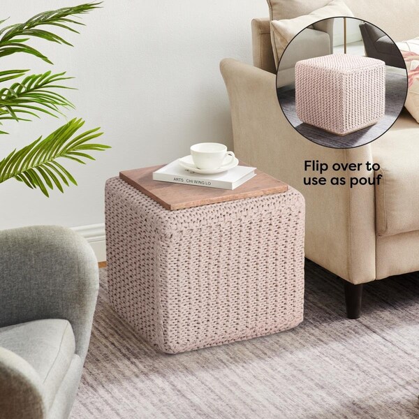 Posh Living Amayah 3-in-1 Square Pouf/Ottoman/End Table, Ivory - LPF412-21IV-UE