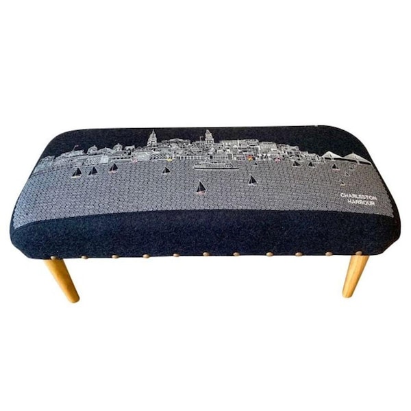 Homeroots 38 in. Breckenridge Nighttime Skyline Embroidered Ottoman, Black - 480552