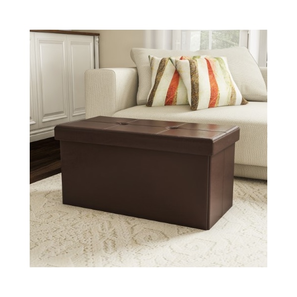Hastings Home Large Foldable Storage Bench Ottoman, Tufted Faux Leather Cube Organizer Furniture for Home (Brown) - 164477LGO